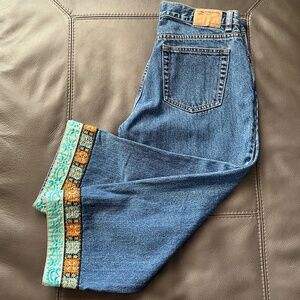 VTG 90s Y2K Embroidered Metallic Hem Jeans Cropped Button Fly Boho Hippie Blue 8